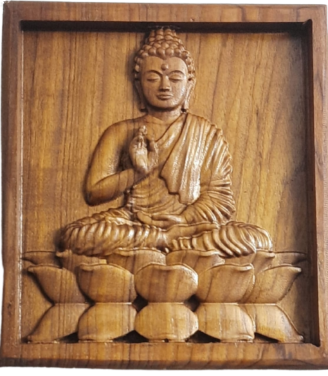 Picture of Lord Gautam Budhha - Wooden Statue - Natural Wood - Carving - 12 * 12 inch | Shivan Wooden Frame